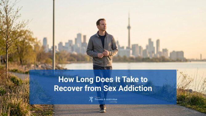 Man walking along Toronto waterfront with CN Tower in the background, representing recovery from sex addiction and long-term healing support.