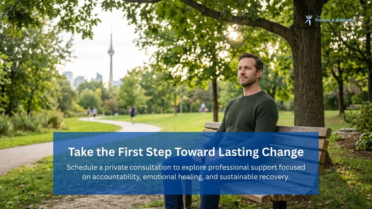 Man sitting on a park bench in Toronto with the CN Tower visible, symbolizing taking the first step toward sex addiction recovery and professional counselling support.