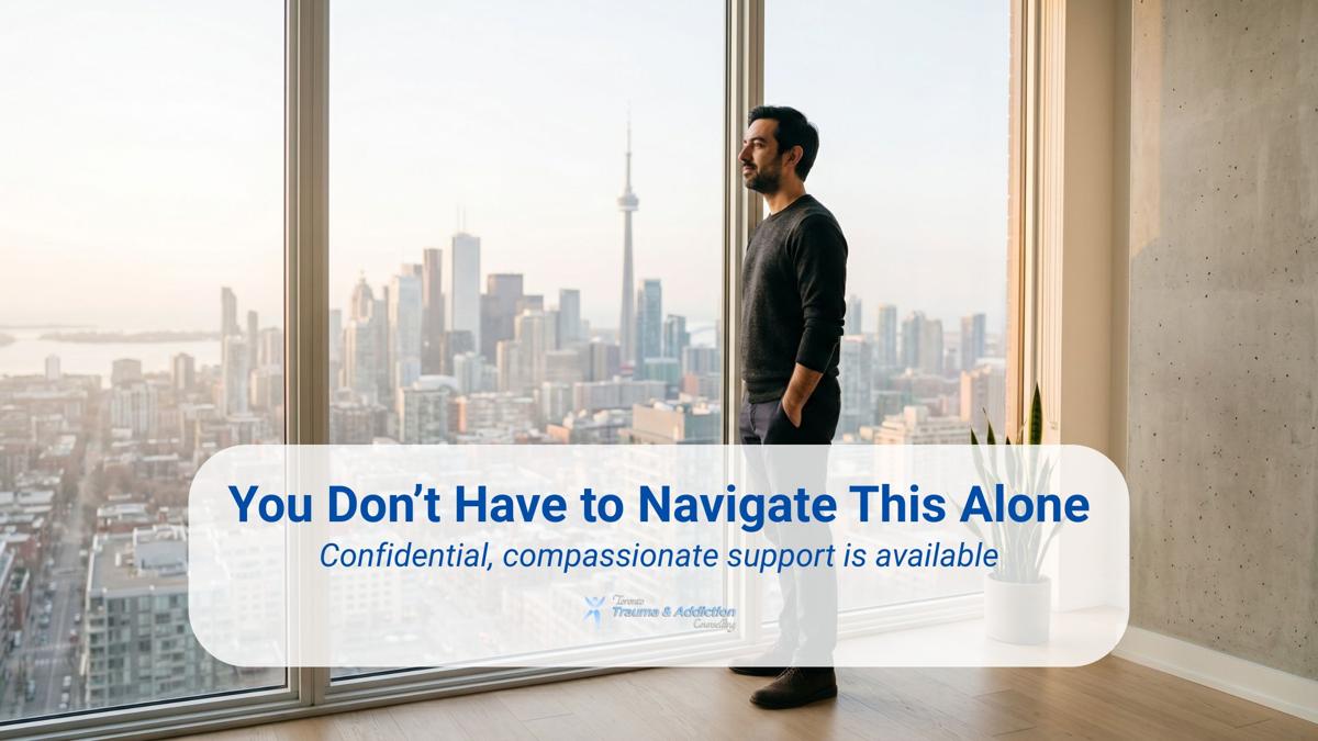 Man standing by a large window overlooking the Toronto skyline with the CN Tower, reflecting on seeking compassionate trauma counselling support and not navigating healing alone