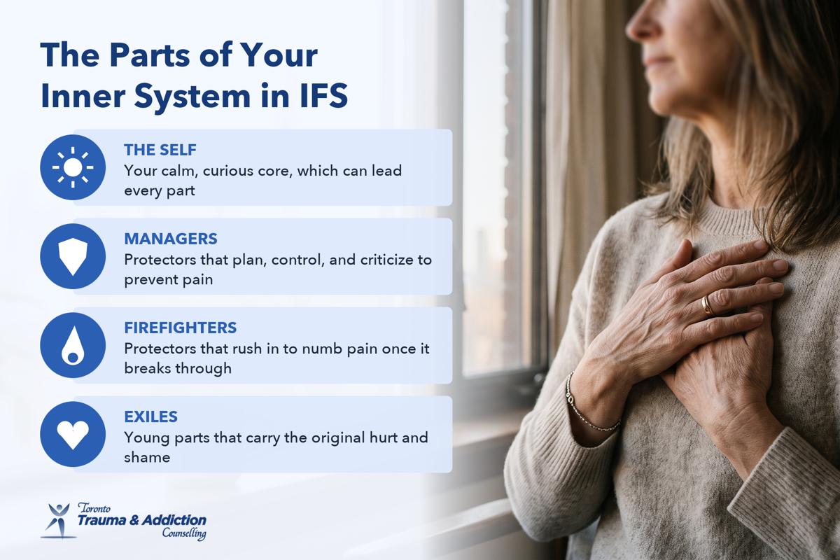 Infographic of the IFS parts, the Self, managers, firefighters and exiles, beside a woman resting her hands over her heart.