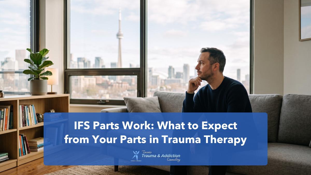 Man on a sofa in a calm Toronto counselling office, looking out toward the CN Tower during IFS parts work trauma therapy.