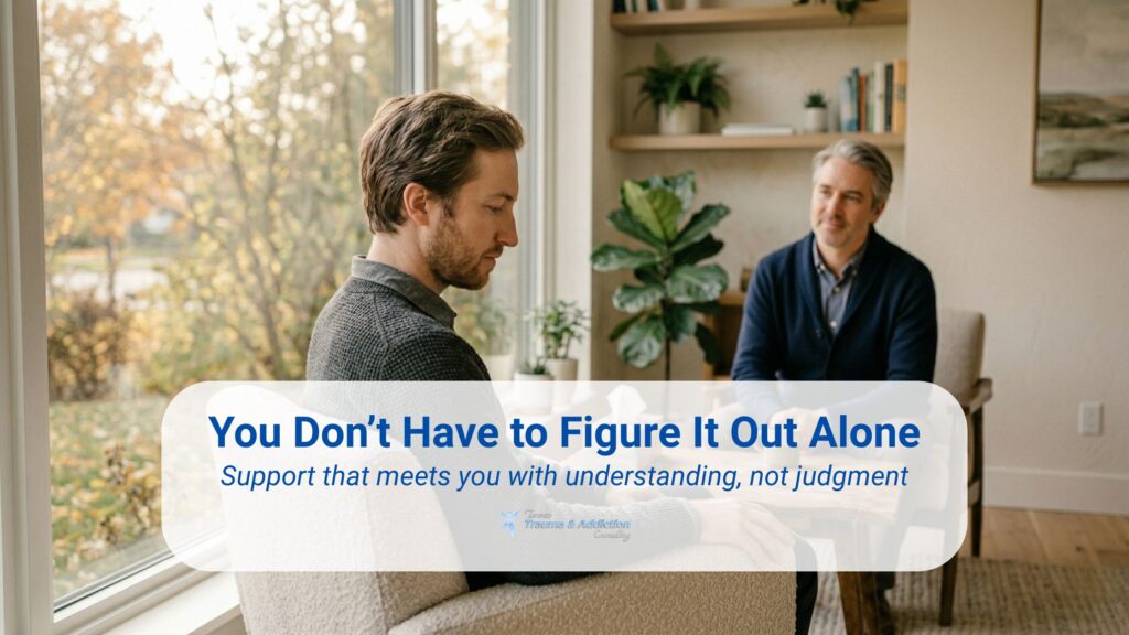 Man sitting in a therapy session speaking with a counsellor in a warm, natural-light office setting, representing supportive trauma counselling and not facing healing alone