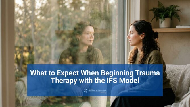 Woman sitting indoors by a window with soft natural light reflecting on the glass, representing beginning trauma therapy using the IFS model in a calm Toronto counselling environment